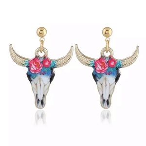 🌺4 Items 25$🌺 Cow Skull Floral Earrings Silver Plated Pink Blue NWT